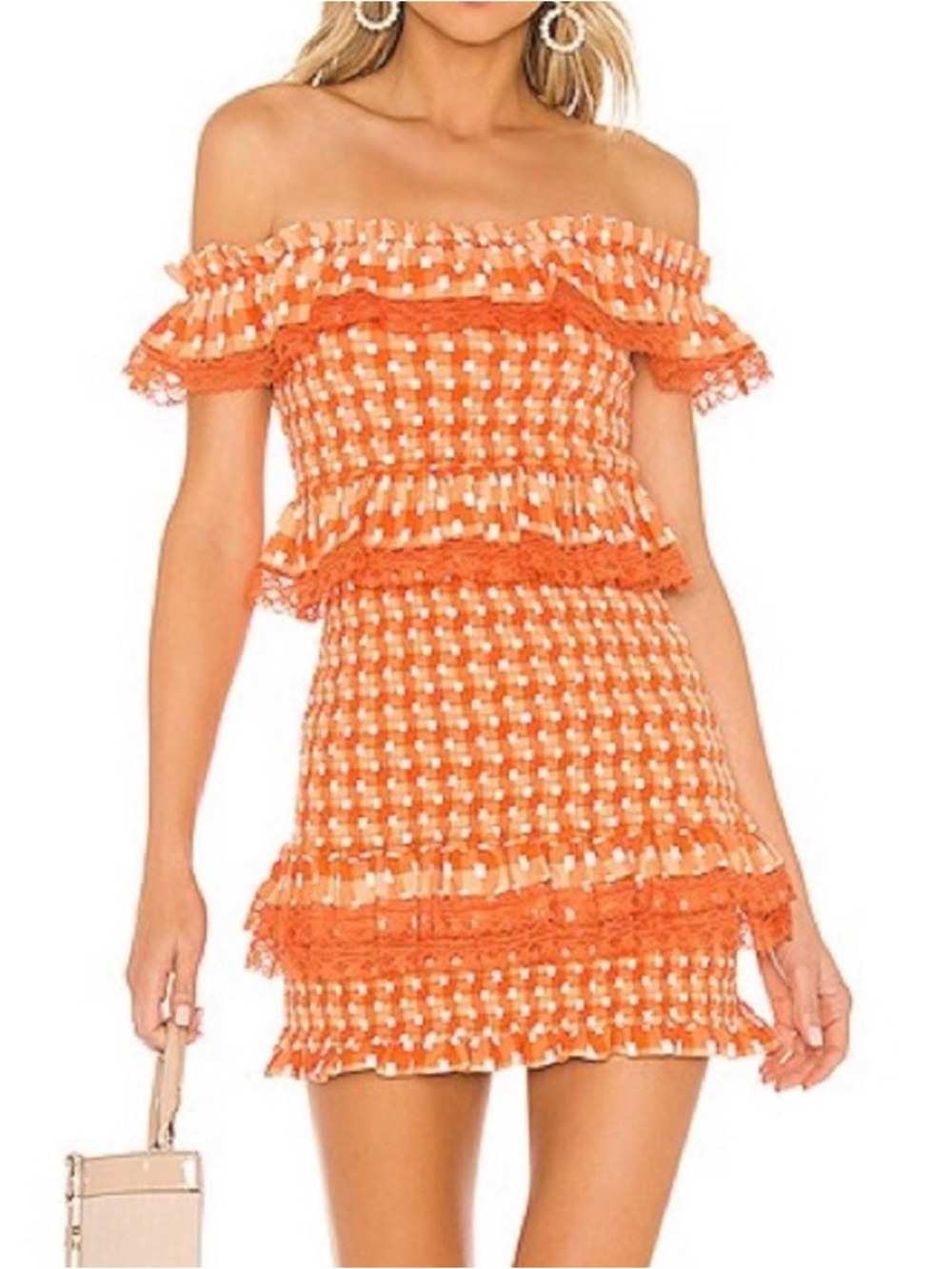 Tularosa Orange Gingham Off-Shoulder Mini Dress